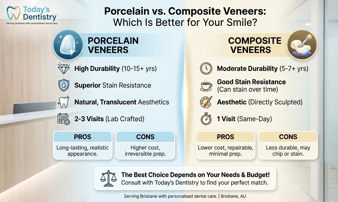 A comparison infographic from Today's Dentistry titled "Porcelain vs. Composite Veneers: Which Is Better for Your Smile?" showing the pros and cons of each option, including durability and aesthetics for patients seeking brisbane veneers.